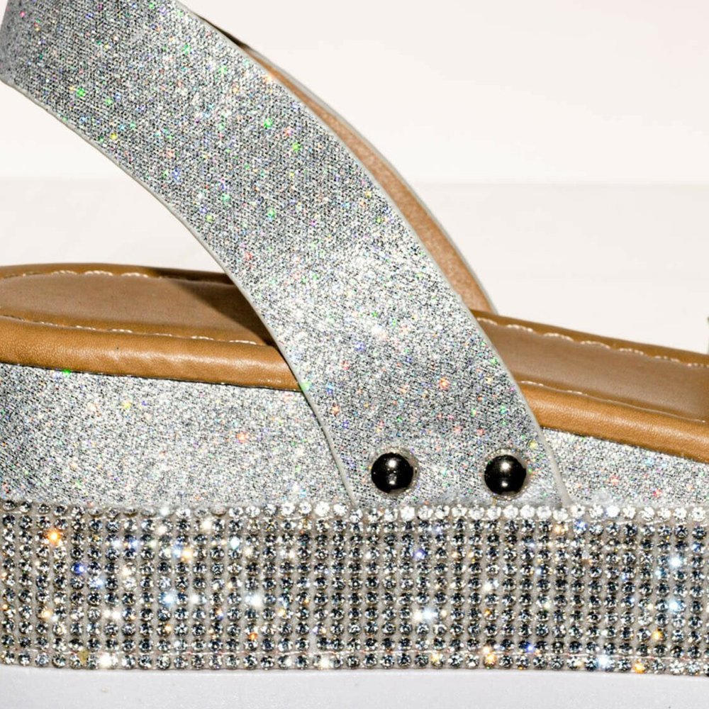 NEW Diamante Rhinestone Glitter Ankle Strap Platform Wedge Heel Sandals Open Toe - Picture 9 of 10